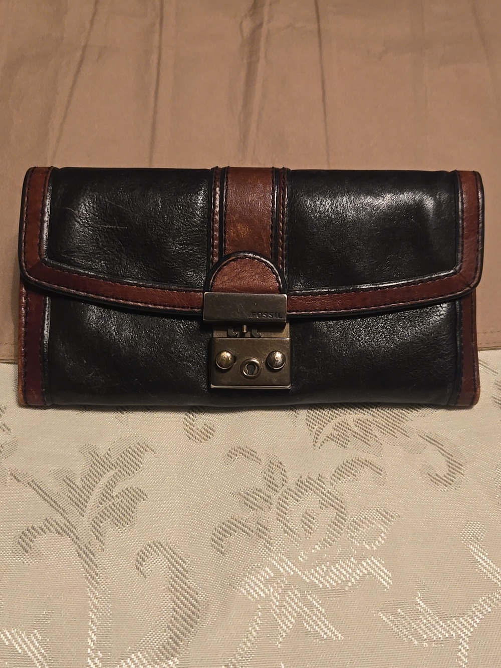 Fossil Leather Wallet Black with Brown Trim